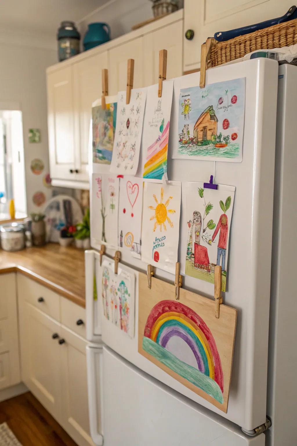 Elegant magnetic wooden hangers holding children's art.