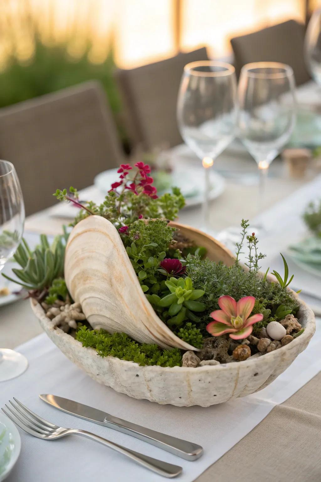 A coastal-inspired centerpiece with a mix of greenery.