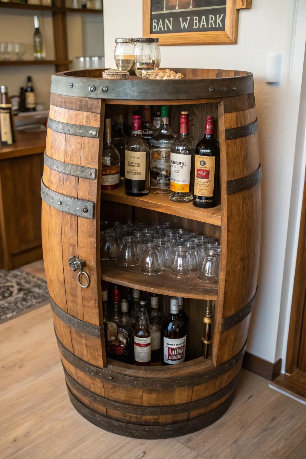 A wine barrel brings rustic charm to your liquor storage.