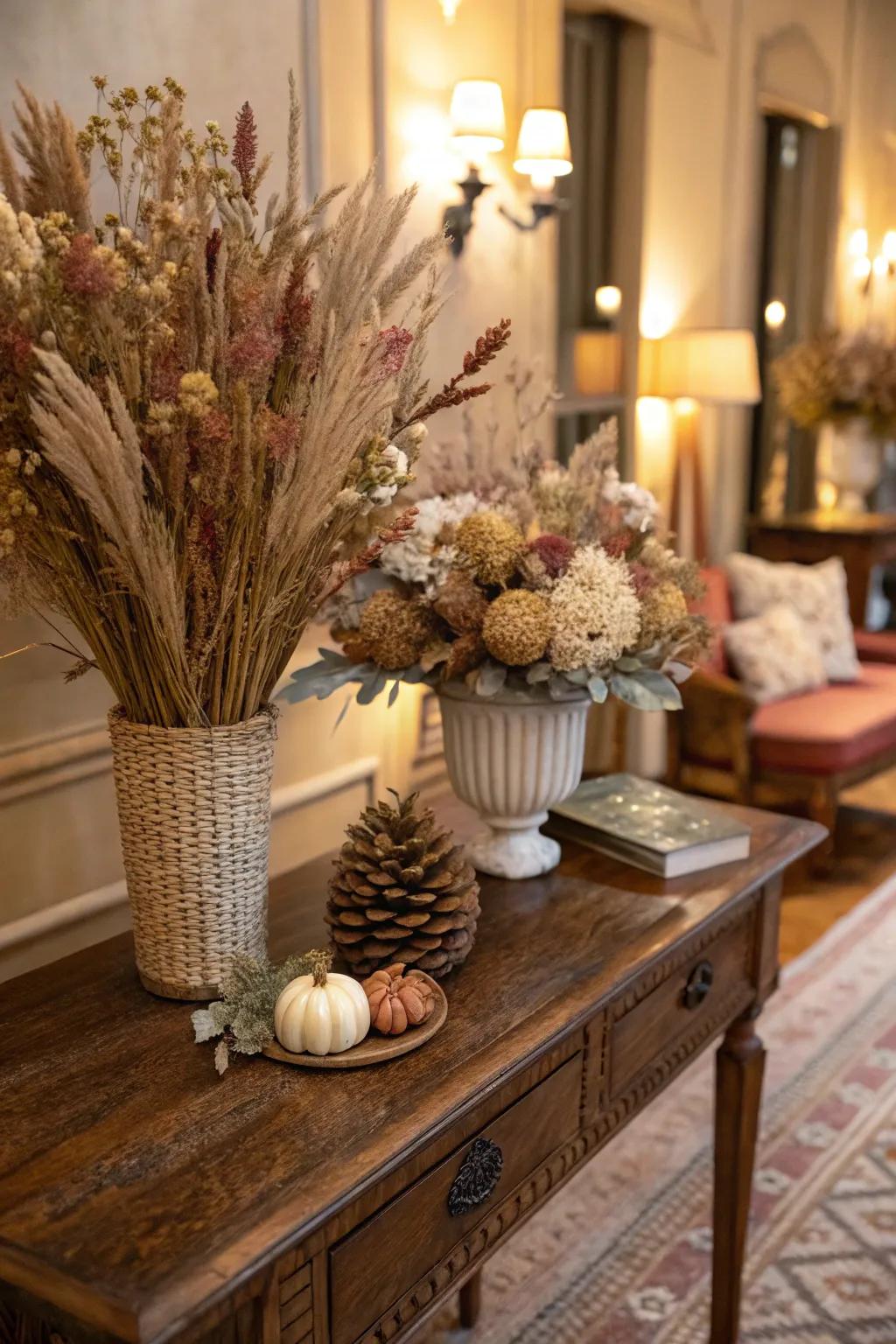 Timeless dried flower arrangements for a vintage wedding vibe.