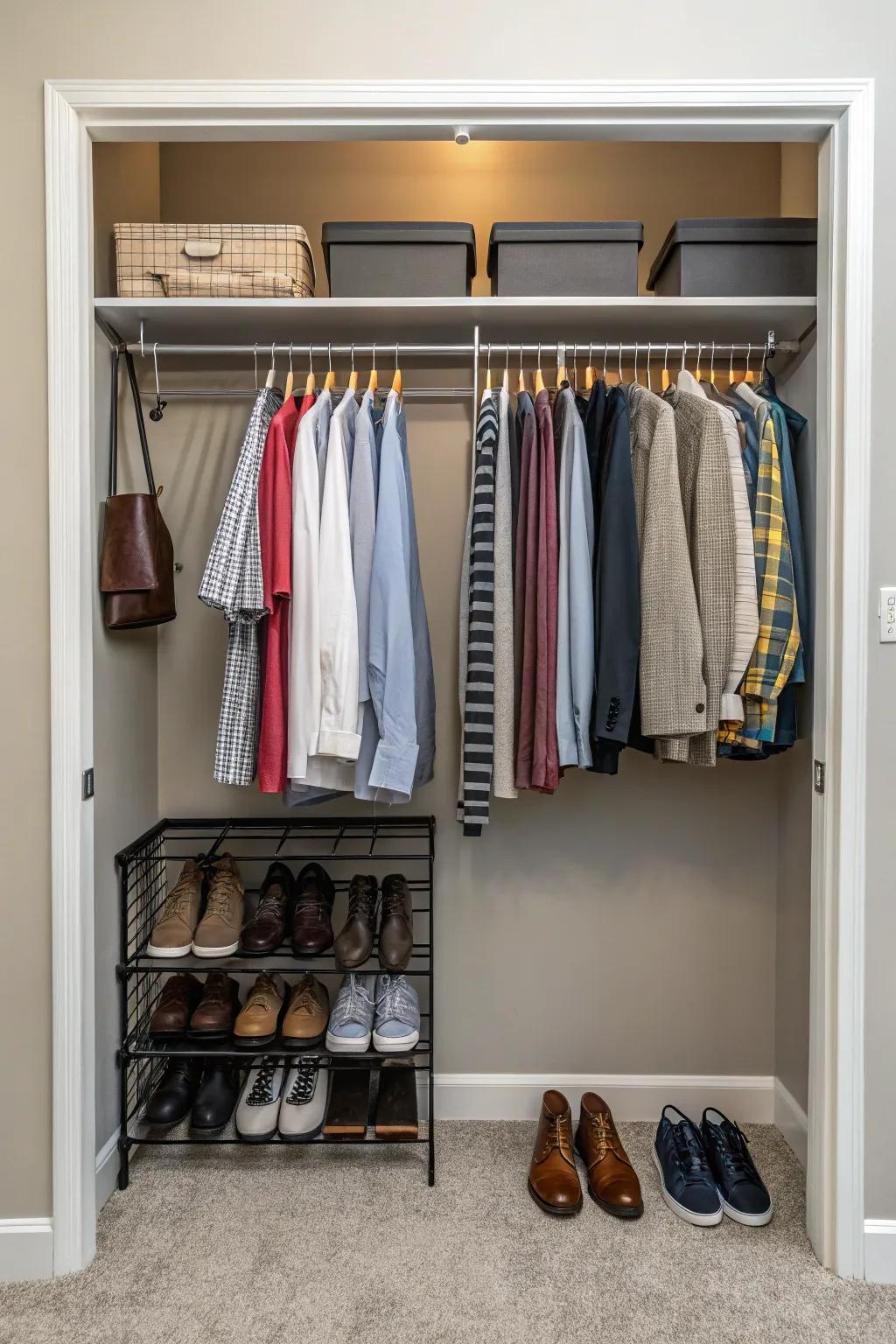 A shoe rack maximizes vertical space and keeps footwear organized.