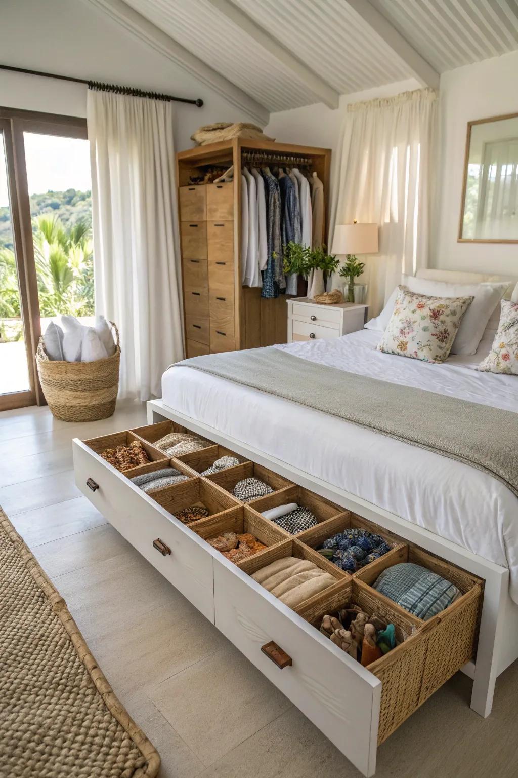 A low and long dresser offers storage while keeping the room feeling open.