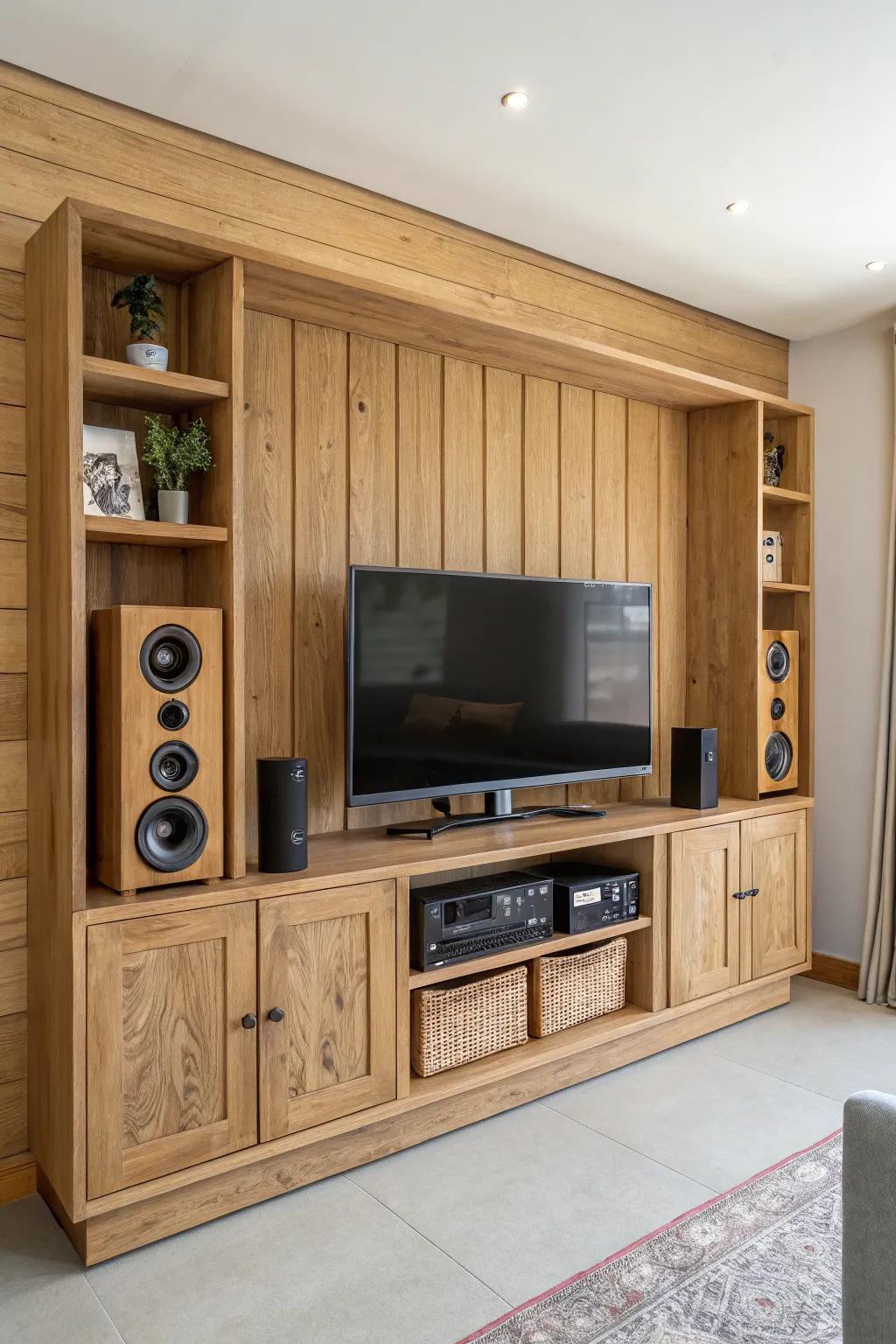 Natural elements like wood enhance the warmth of this entertainment center.