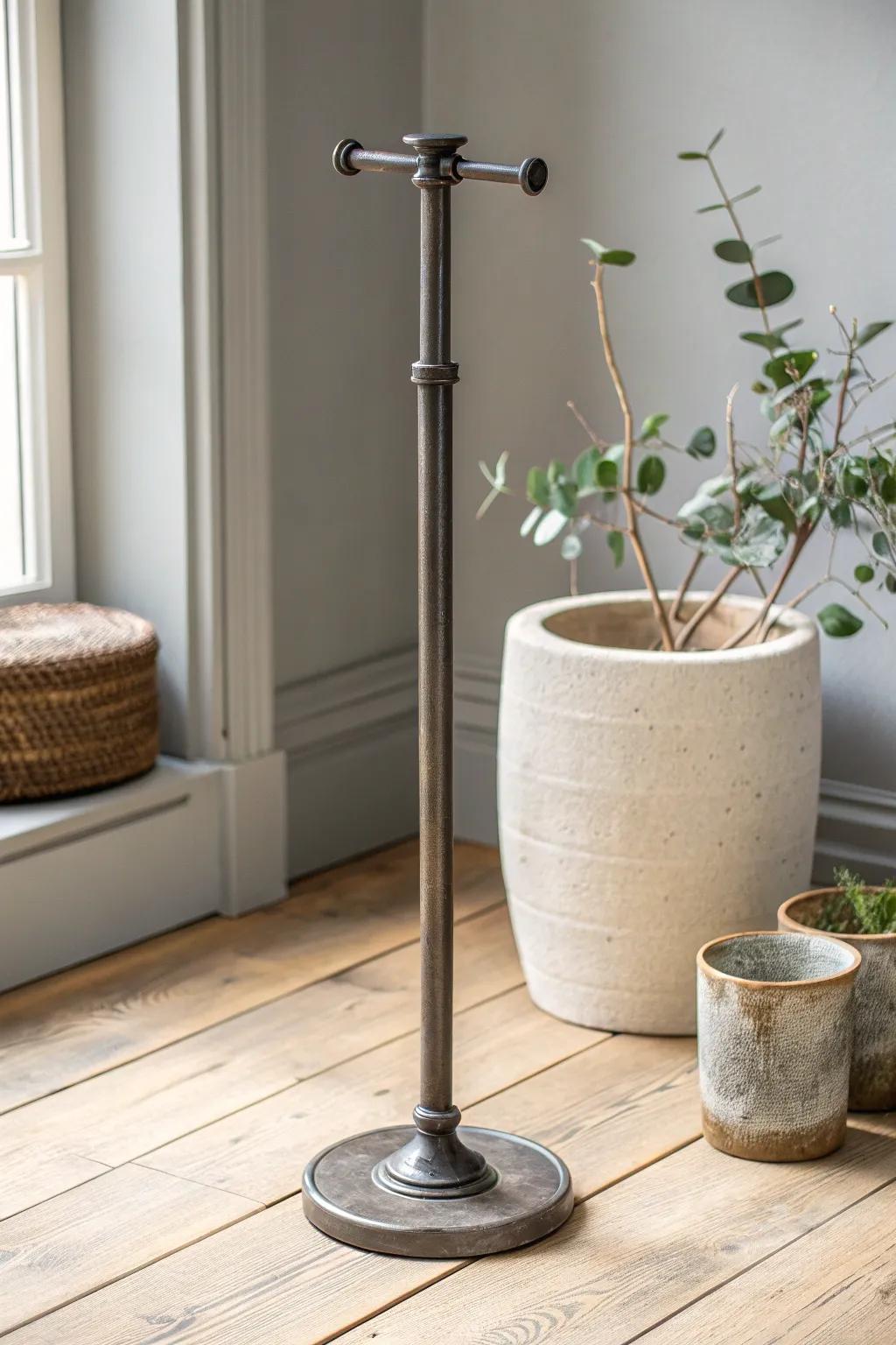 Elevate your style with a sleek, industrial metal pipe stand, perfect for a modern minimalist space.