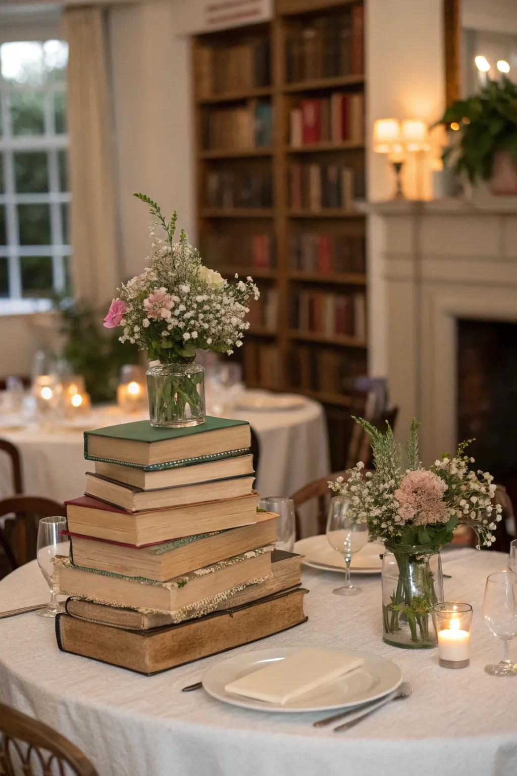 Vintage books offer a literary-inspired centerpiece idea.