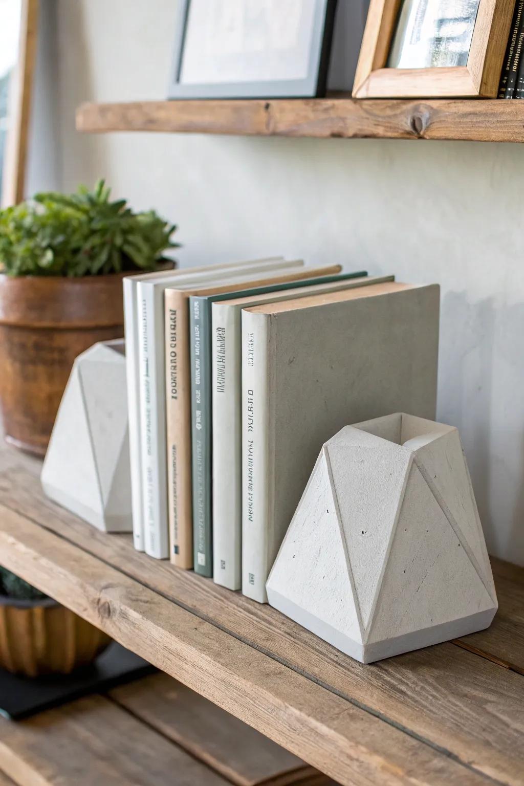 Geometric bookends crafted from excavator clay, elegantly supporting books on a shelf.