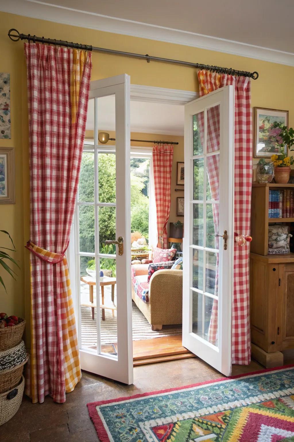 Playful checkered patterns adding whimsy to the French doors.