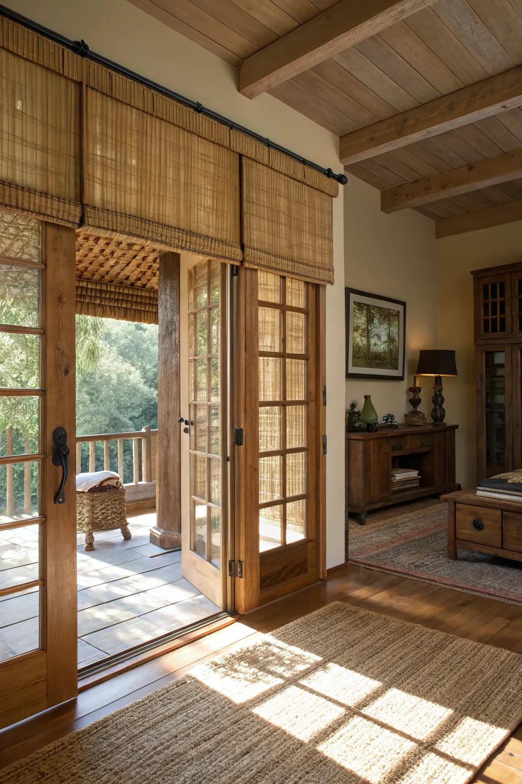 Eco-friendly bamboo blinds offering natural style on French doors.