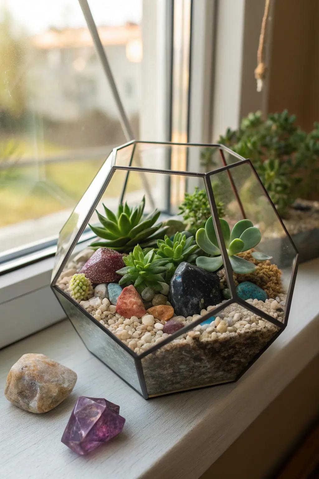 A vibrant gemstone terrarium bringing life to a windowsill.