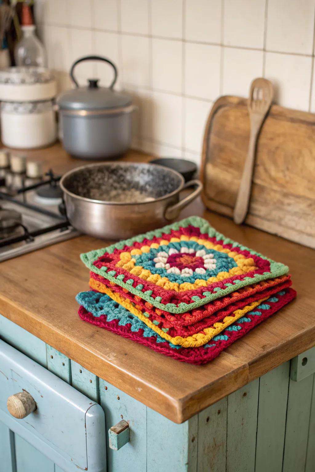 Charming pot holders crafted from granny squares, adding color and functionality to the kitchen.