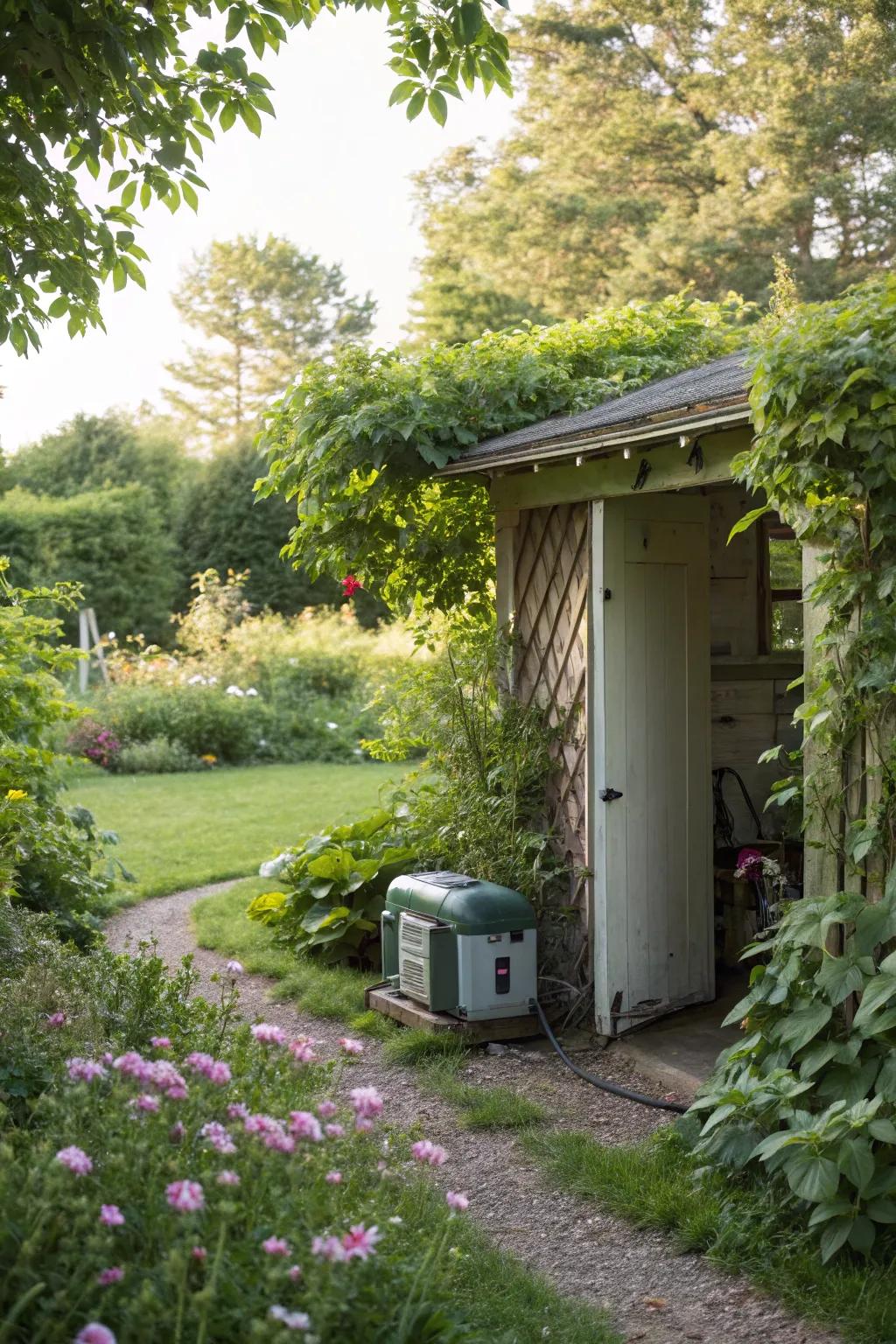 A charming garden shed neatly hides the generator and offers extra storage.