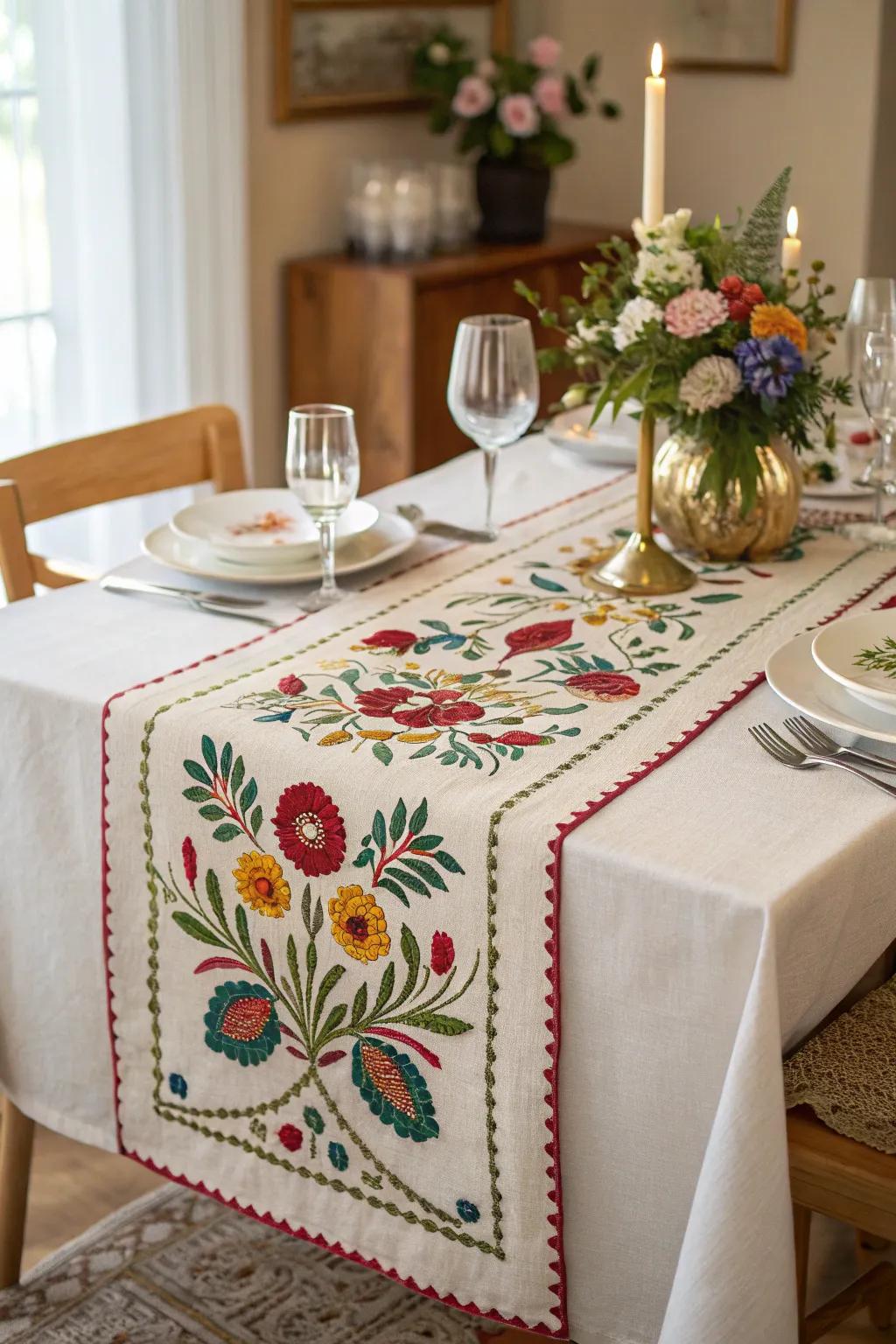 Add a festive touch to your dining area with an artisan embroidered table runner.