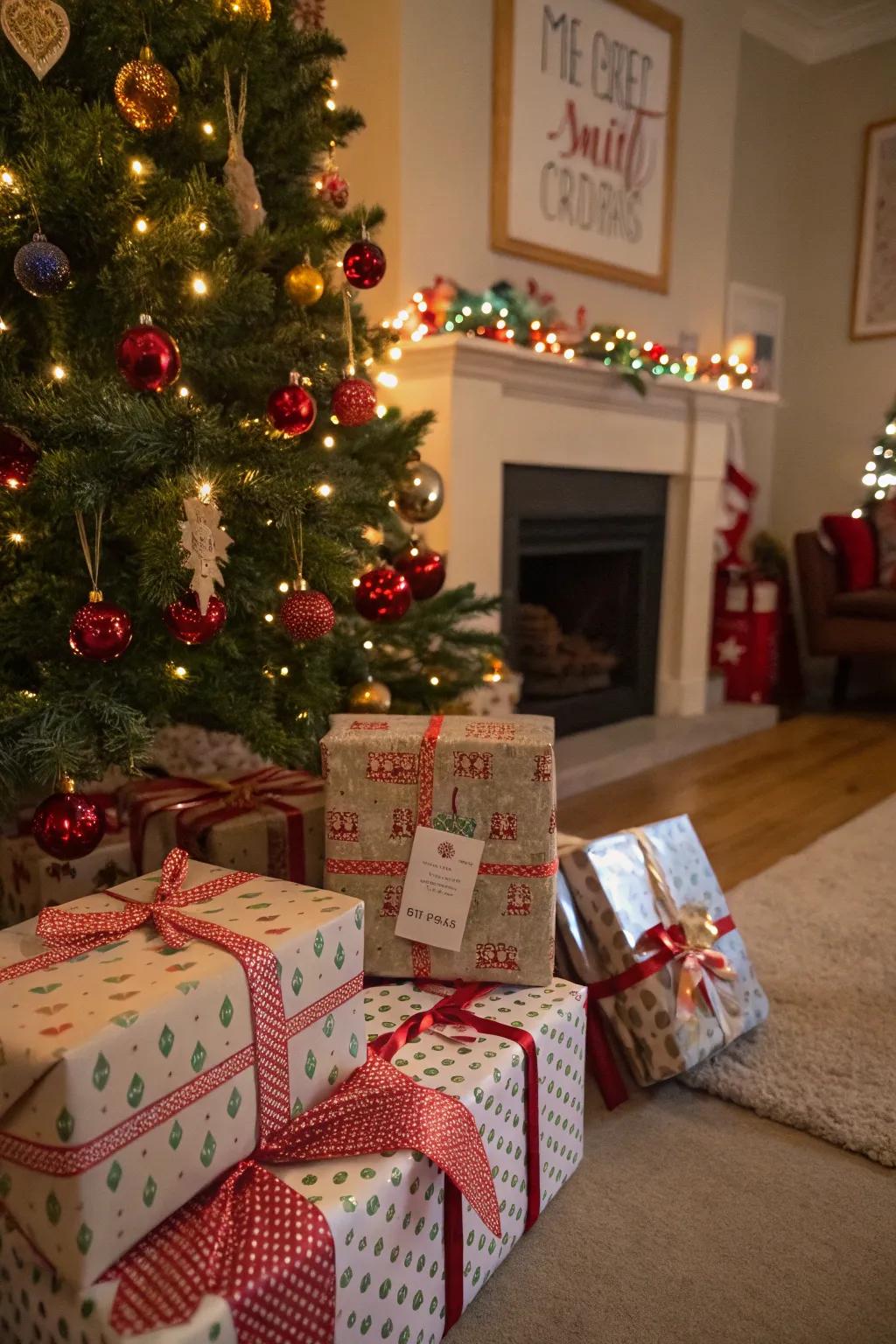 Wrapped gifts ready for a Secret Santa exchange.