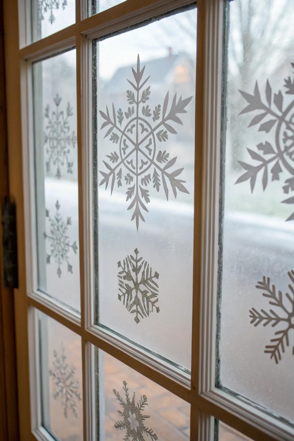 A window with frosted glass and charming snowflake designs.