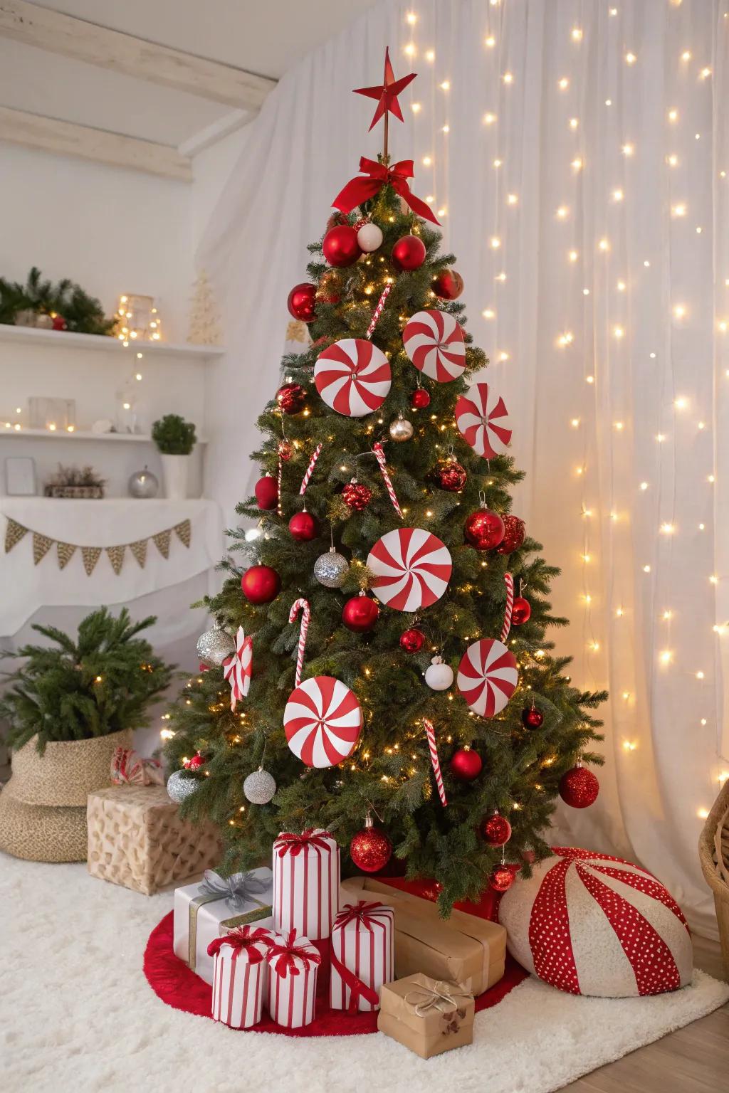 A candy cane-themed Christmas tree that's sweet and festive.