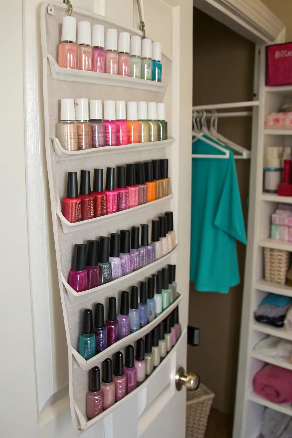 Make use of vertical space with a hanging organizer for your nail polish.