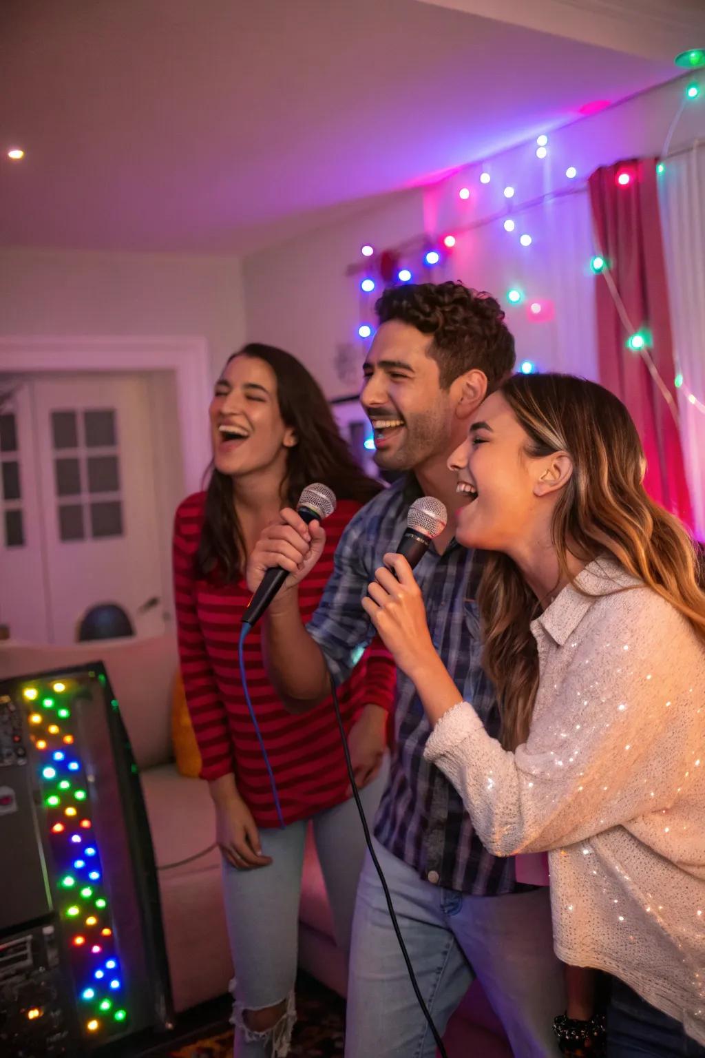 Friends enjoying a lively karaoke night.