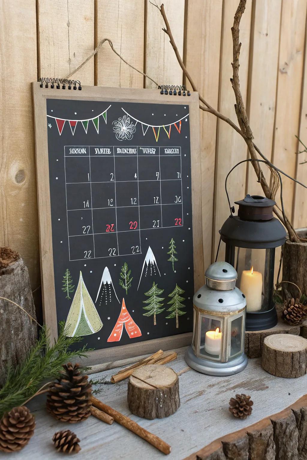 Capture the spirit of adventure with a camping-themed calendar featuring tents and campfires.