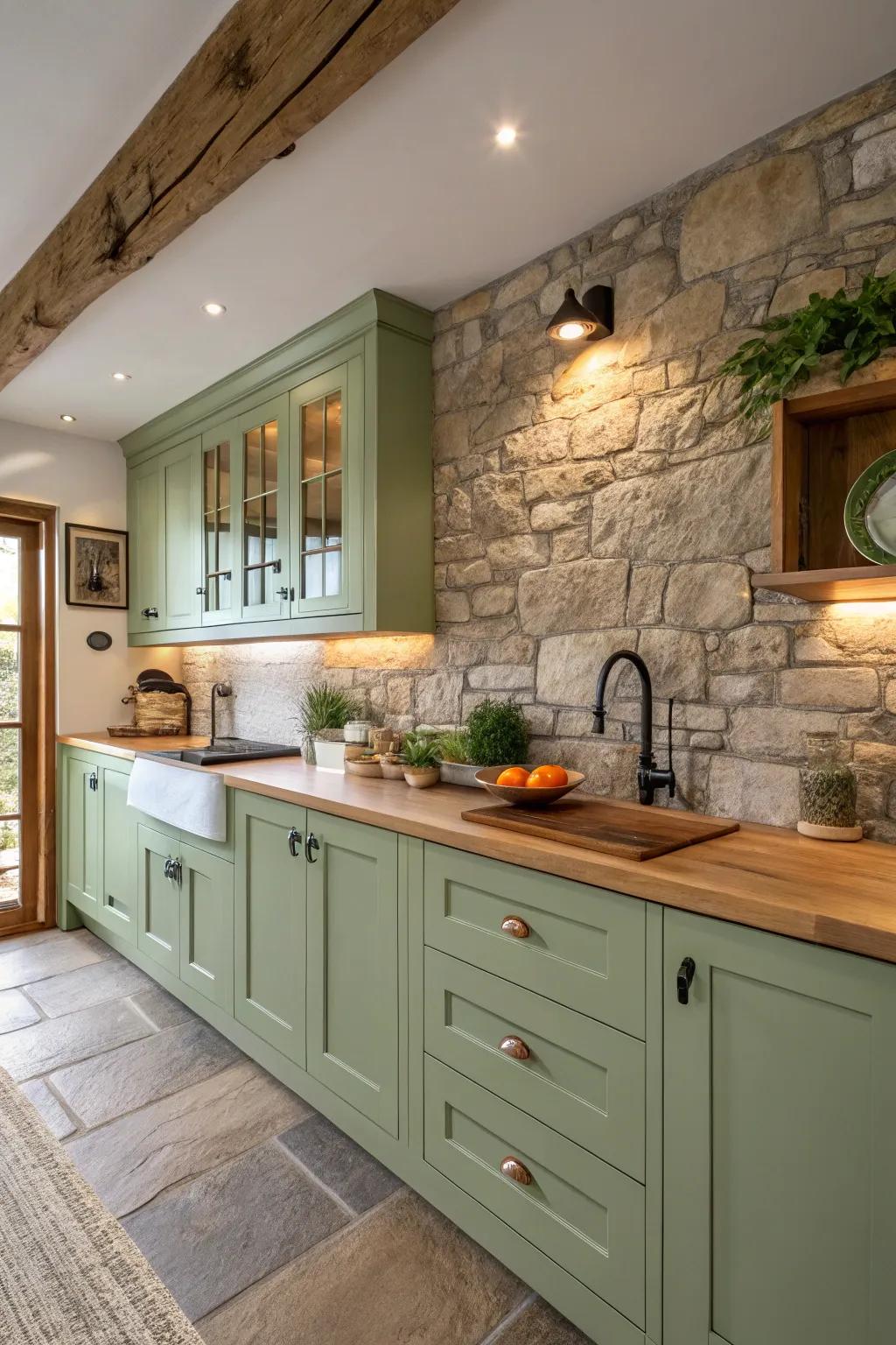 A serene kitchen with soothing sage green tones.