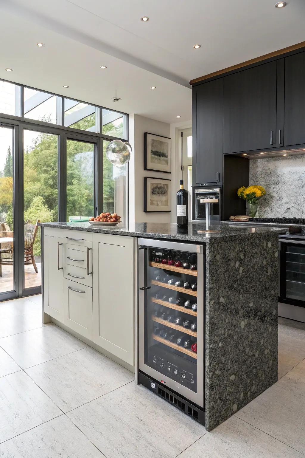 A modern kitchen peninsula with a built-in wine fridge.