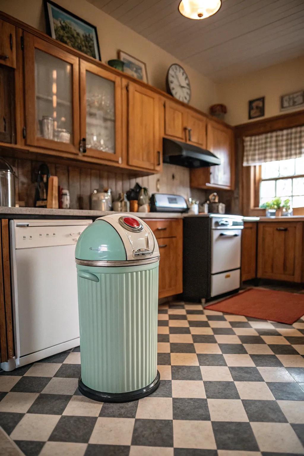 A retro-style trash can adding charm to a vintage kitchen.