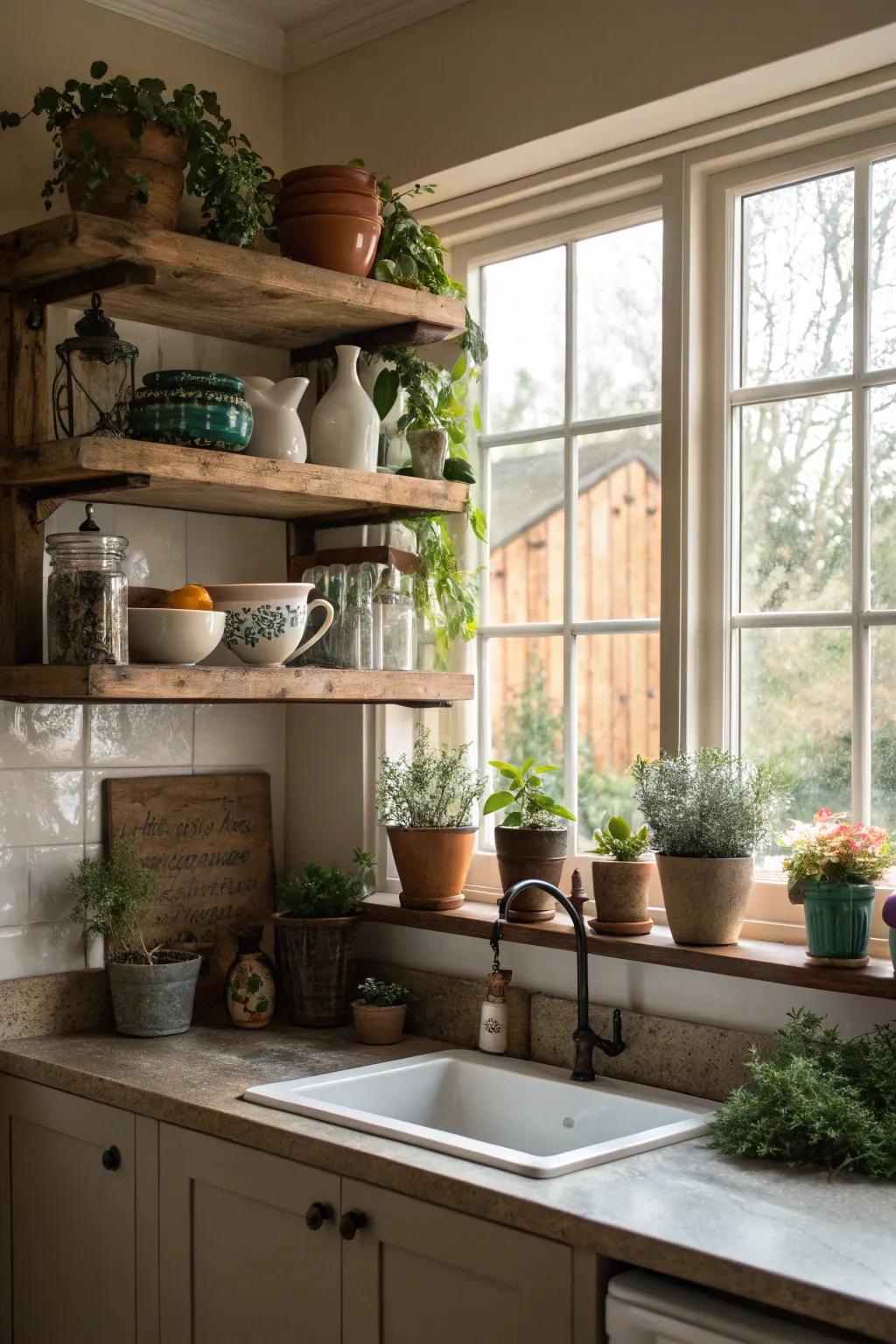 A hanging shelf adds both beauty and functionality to the window space.