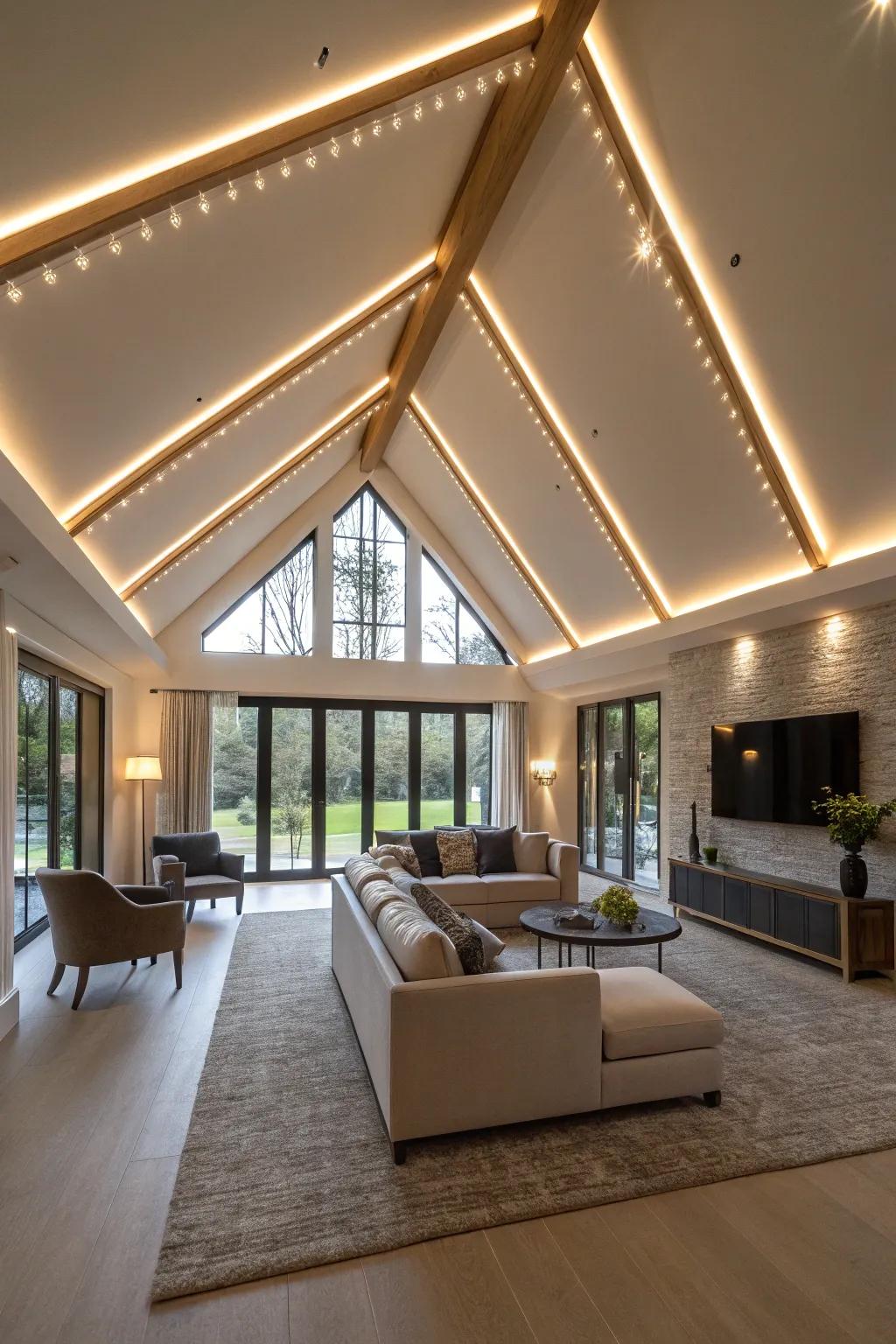 LED strips accentuate the architectural features of a vaulted ceiling.