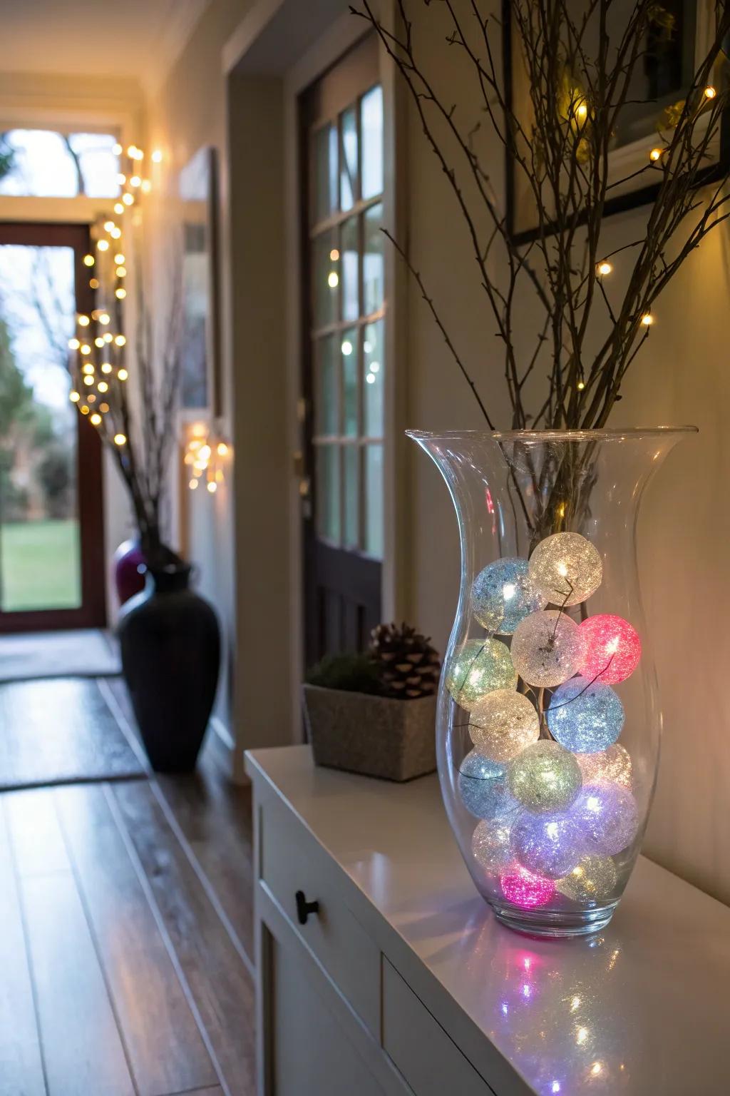 A modern entrance enhanced by playful LED fairy light balls.