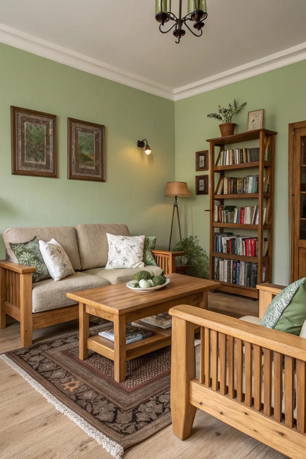 Sage green walls offer a calming connection to nature in this living room.