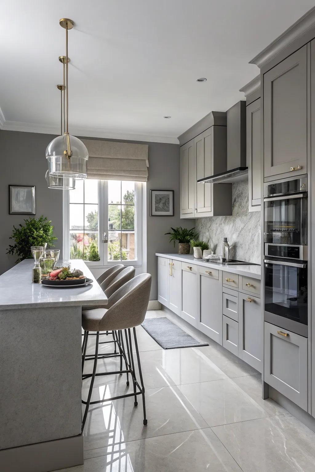 Gray walls provide a versatile backdrop for any kitchen style.