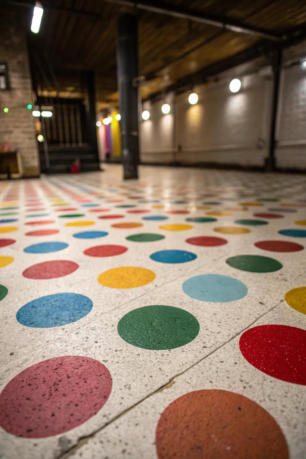 Polka dots add a playful touch to your basement floor.