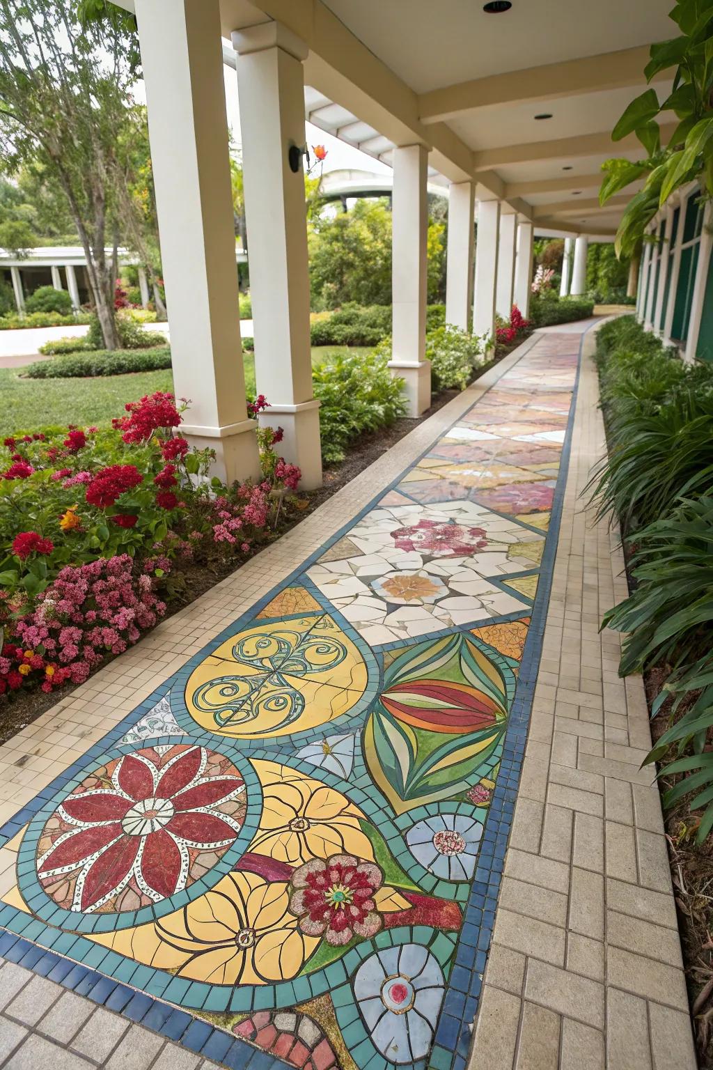 A mosaic tile pattern adds a splash of color and artistry to this walkway.