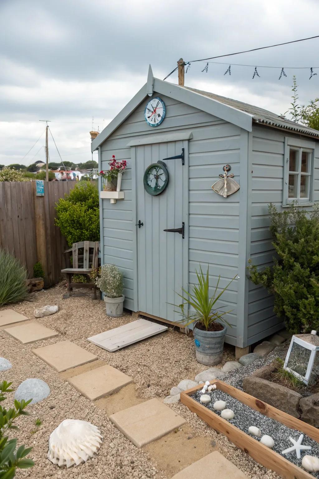 A coastal-themed shed in driftwood grey, perfect for a beachy garden.