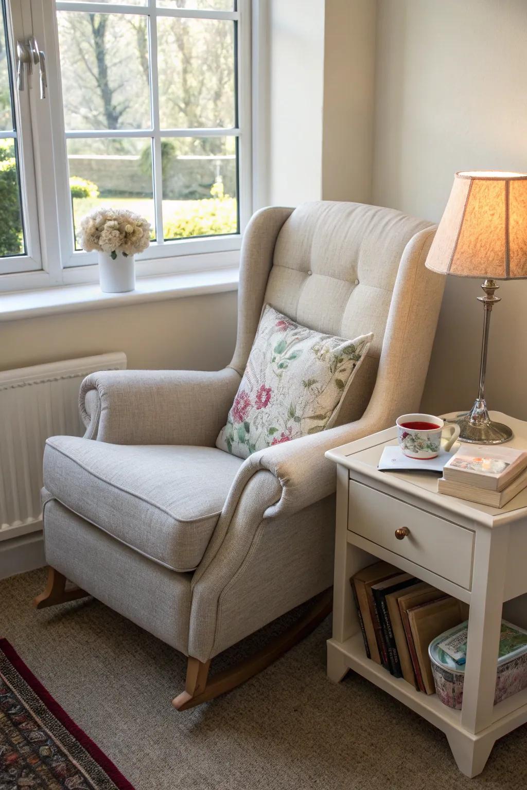 A cozy nursing chair and side table creating a functional feeding area.