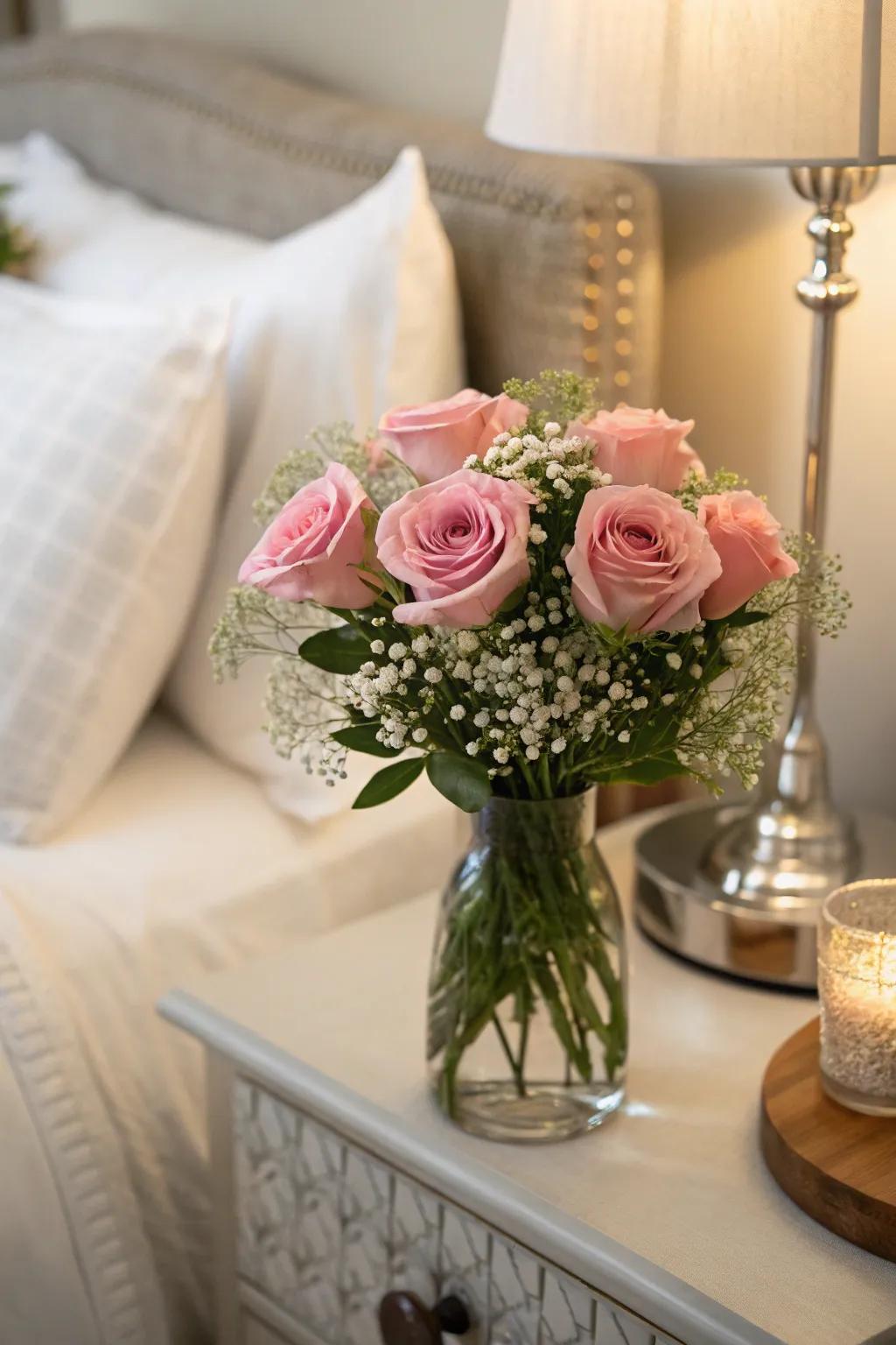 Bedside blooms add a romantic touch to the bedroom.