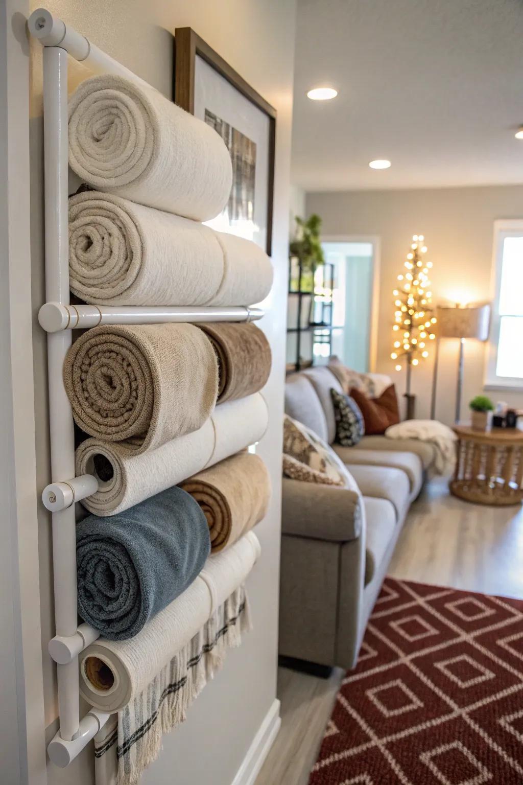 Free up closet space and add decor with a wall-mounted blanket holder.