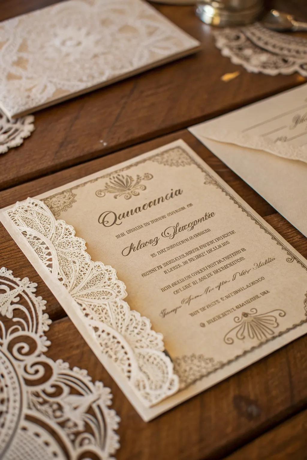 A vintage quinceañera invitation with elegant lace details