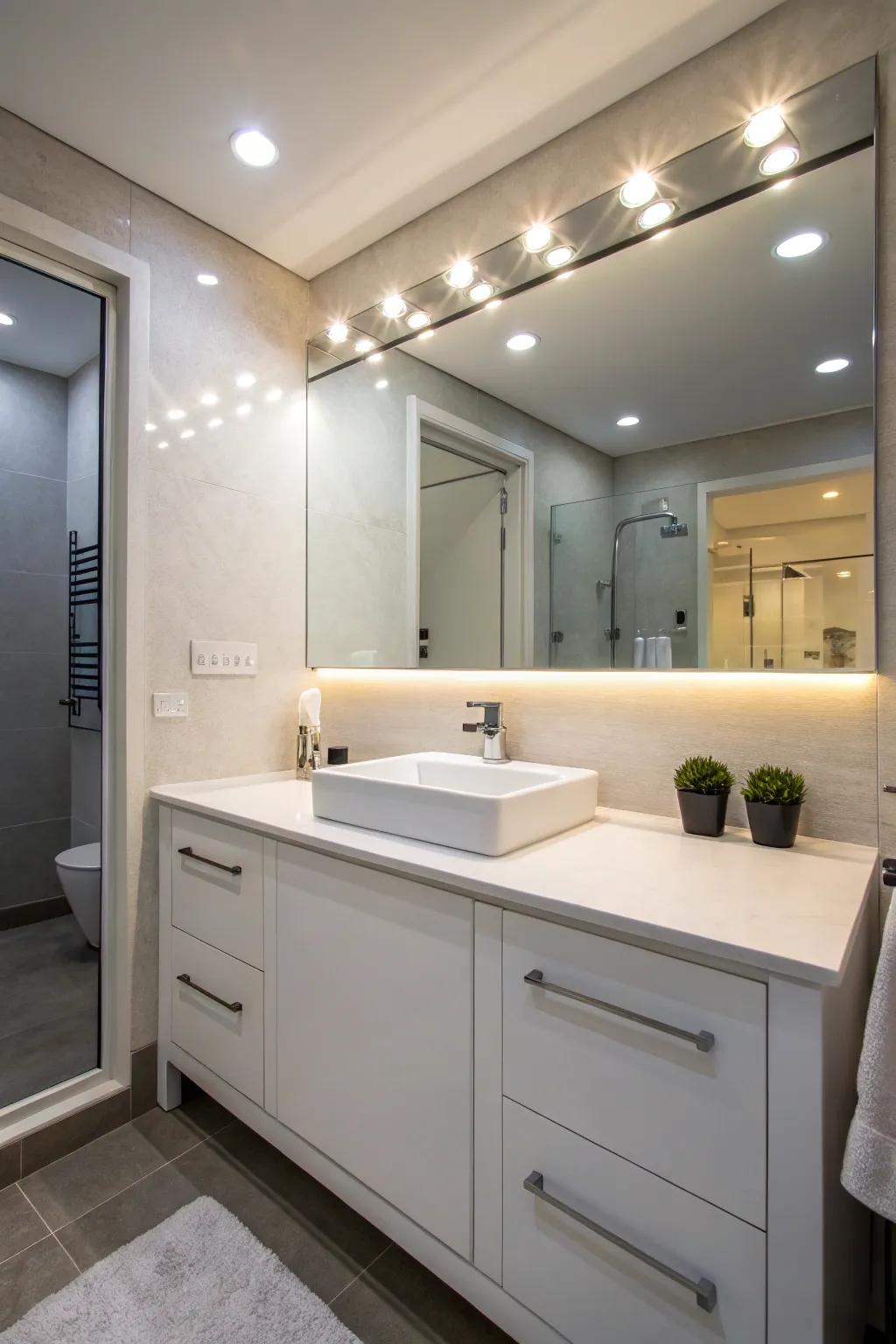 Recessed lighting over the vanity ensures optimal illumination.