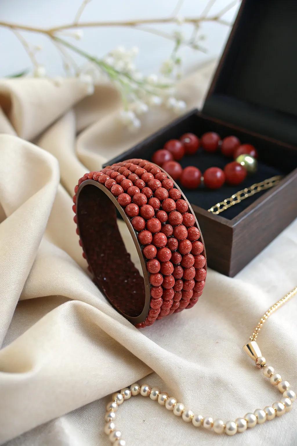 Red clay bead cuffs make bold, statement pieces.