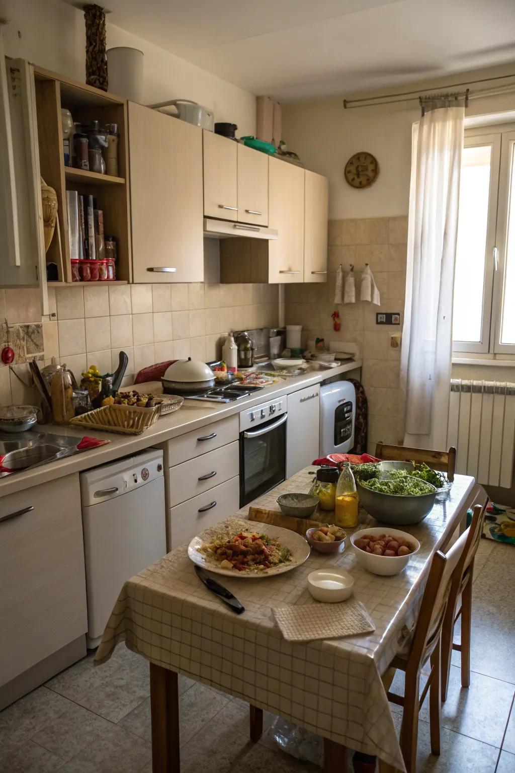 Multi-functional furniture in a small kitchen, maximizing space efficiency.