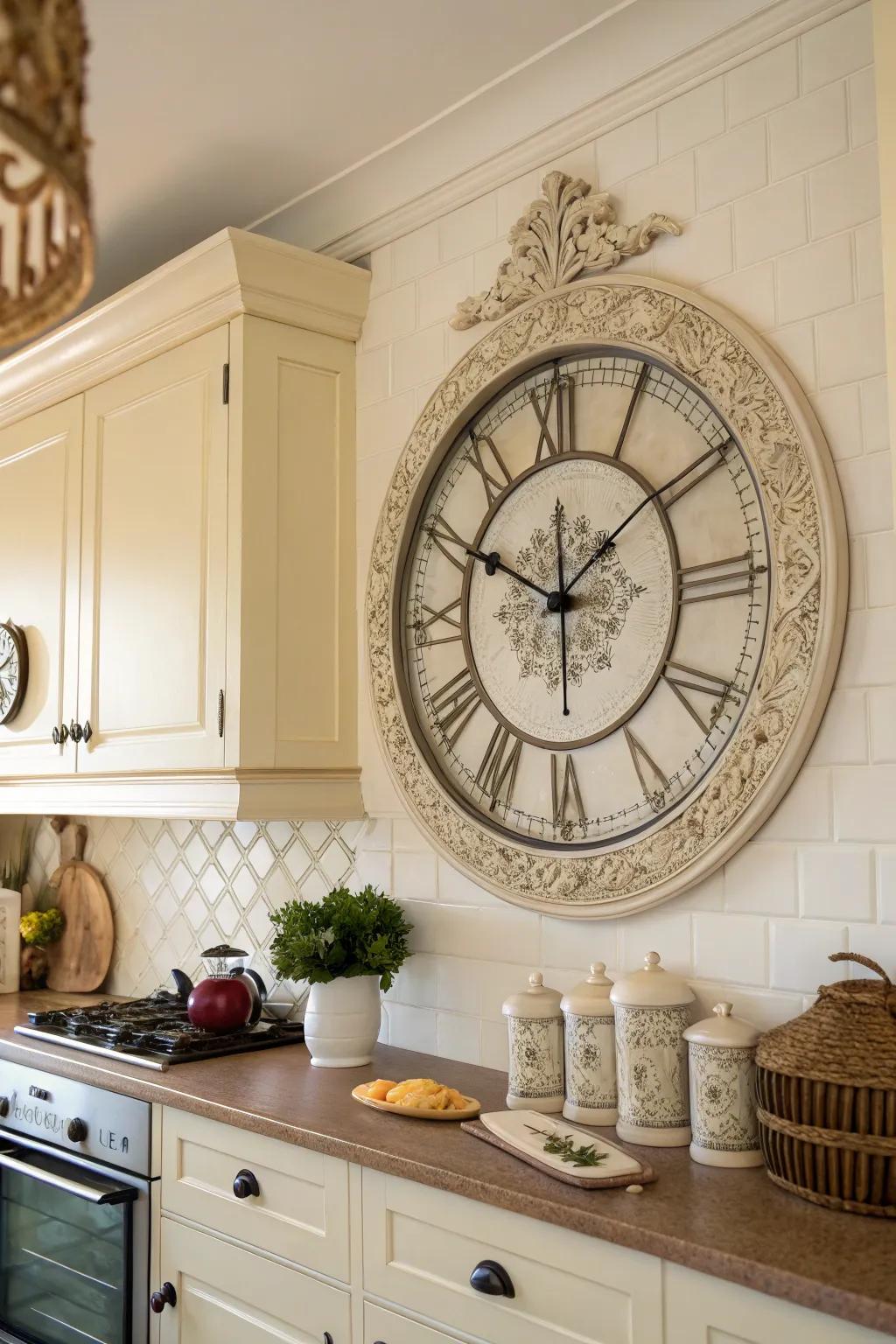 A vintage clock brings character to the kitchen.