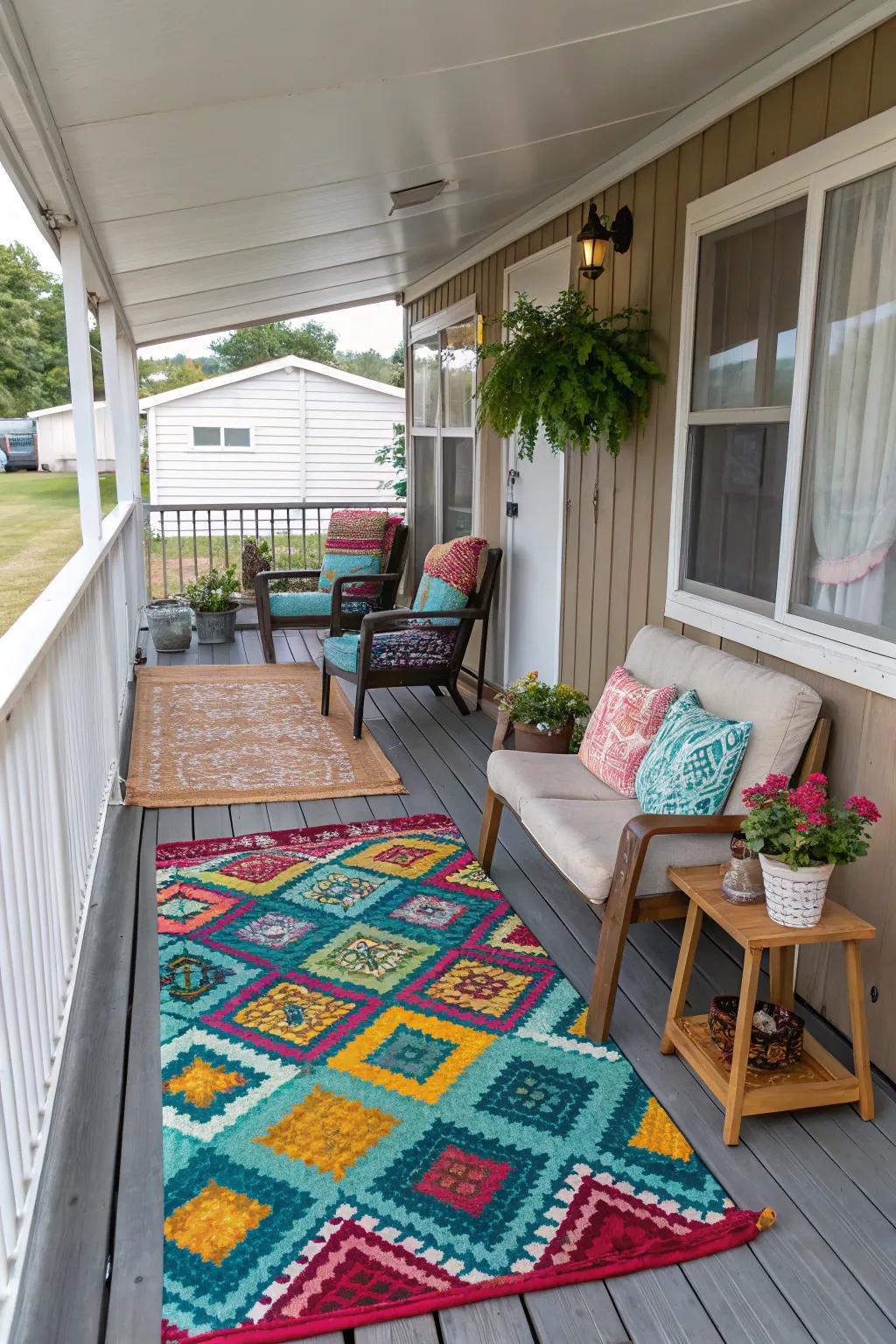 Outdoor rugs define spaces and add a splash of color to your porch.