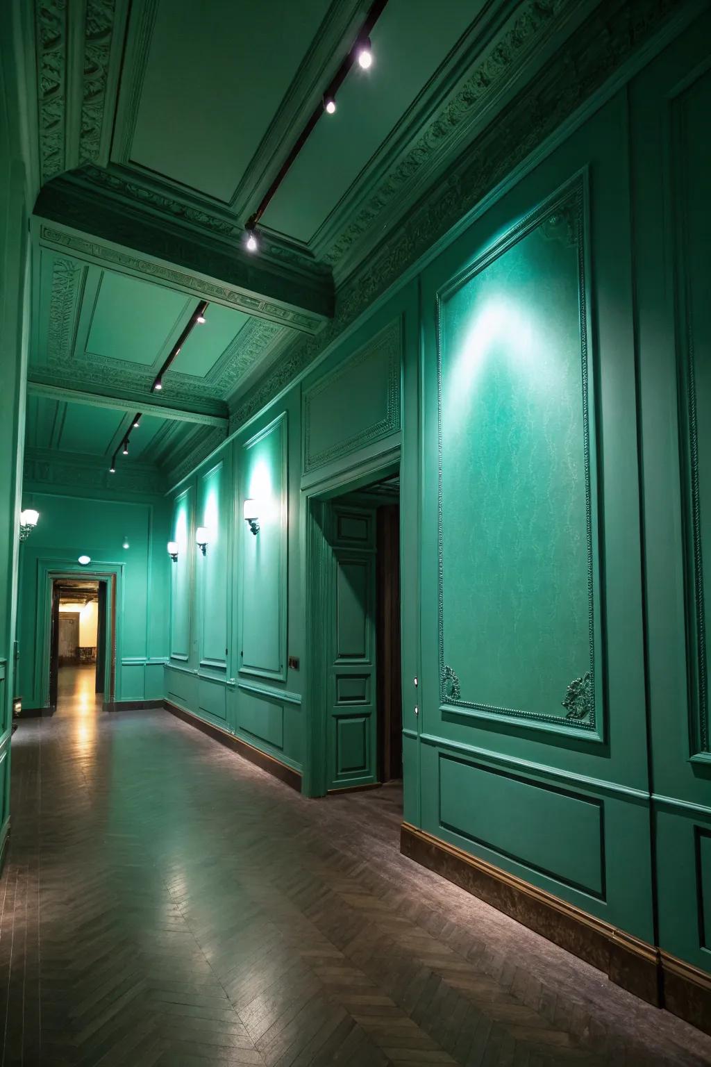 Seafoam green walls brightening a previously dark and confined space.