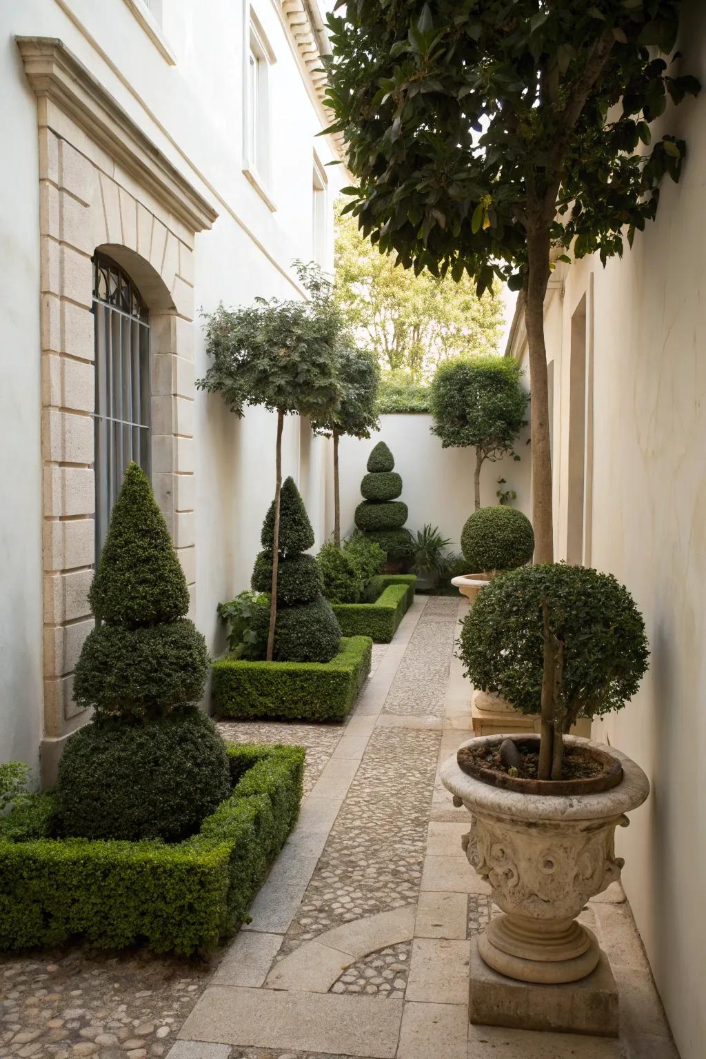 A small courtyard with neatly trimmed topiary plants in elegant pots.