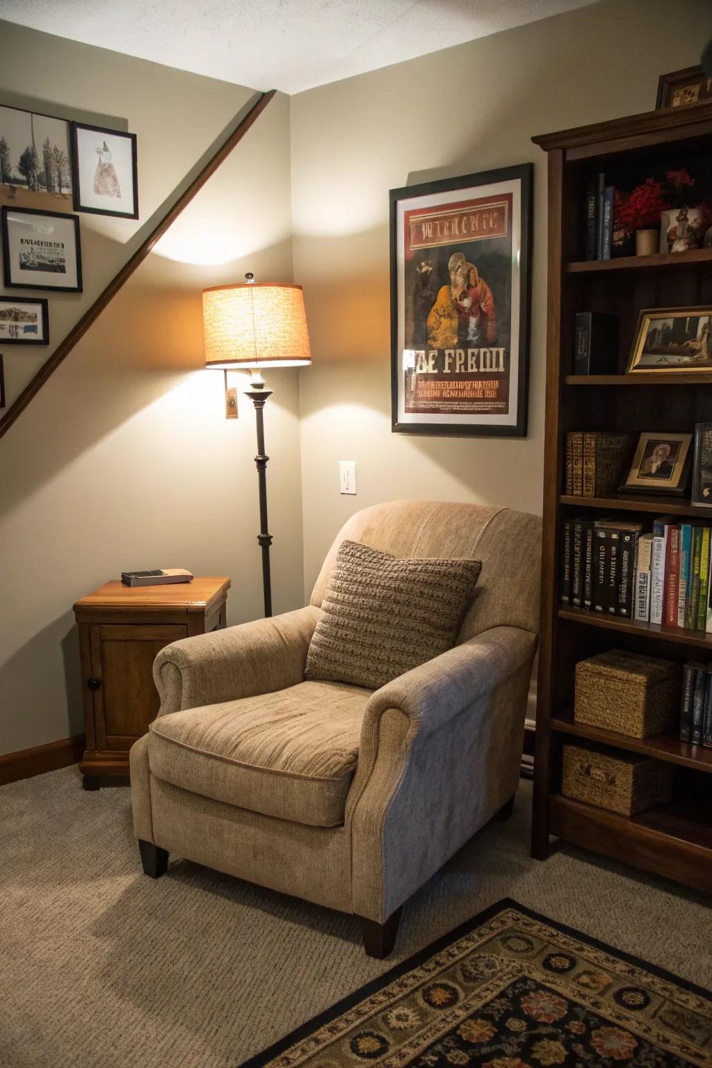 A cozy nook offers a tranquil retreat within your man cave.