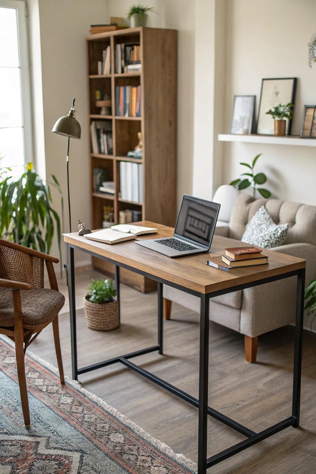 A sturdy and elegant office desk combining steel and wood.