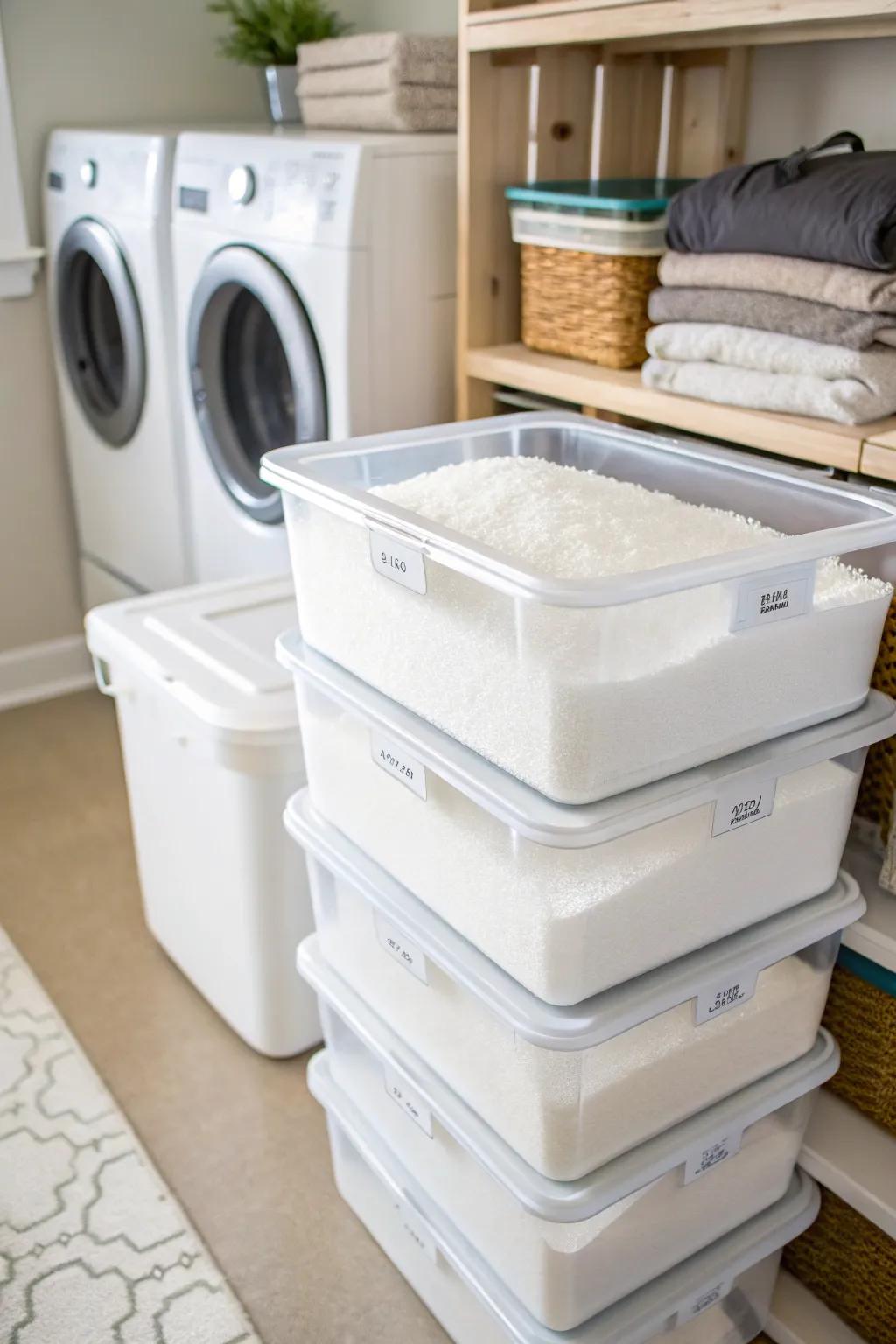 Stackable bins maximize space while keeping Epsom salt fresh