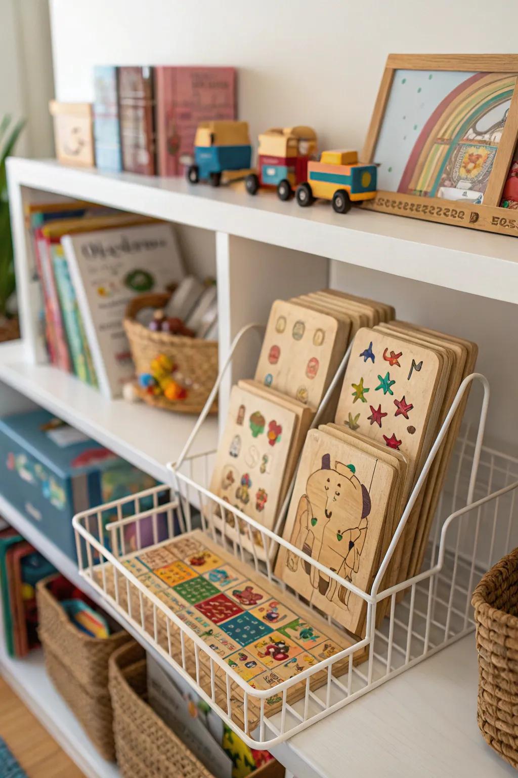 Wire racks are perfect for organizing wooden puzzles.