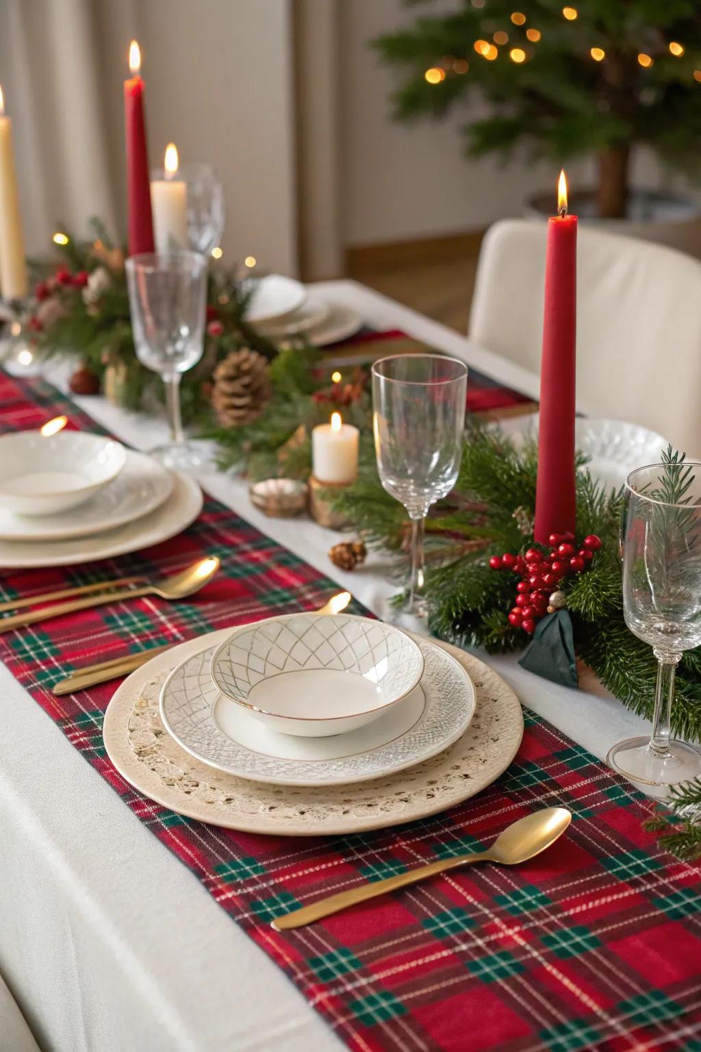 A plaid table runner adds a festive touch to the Christmas table.