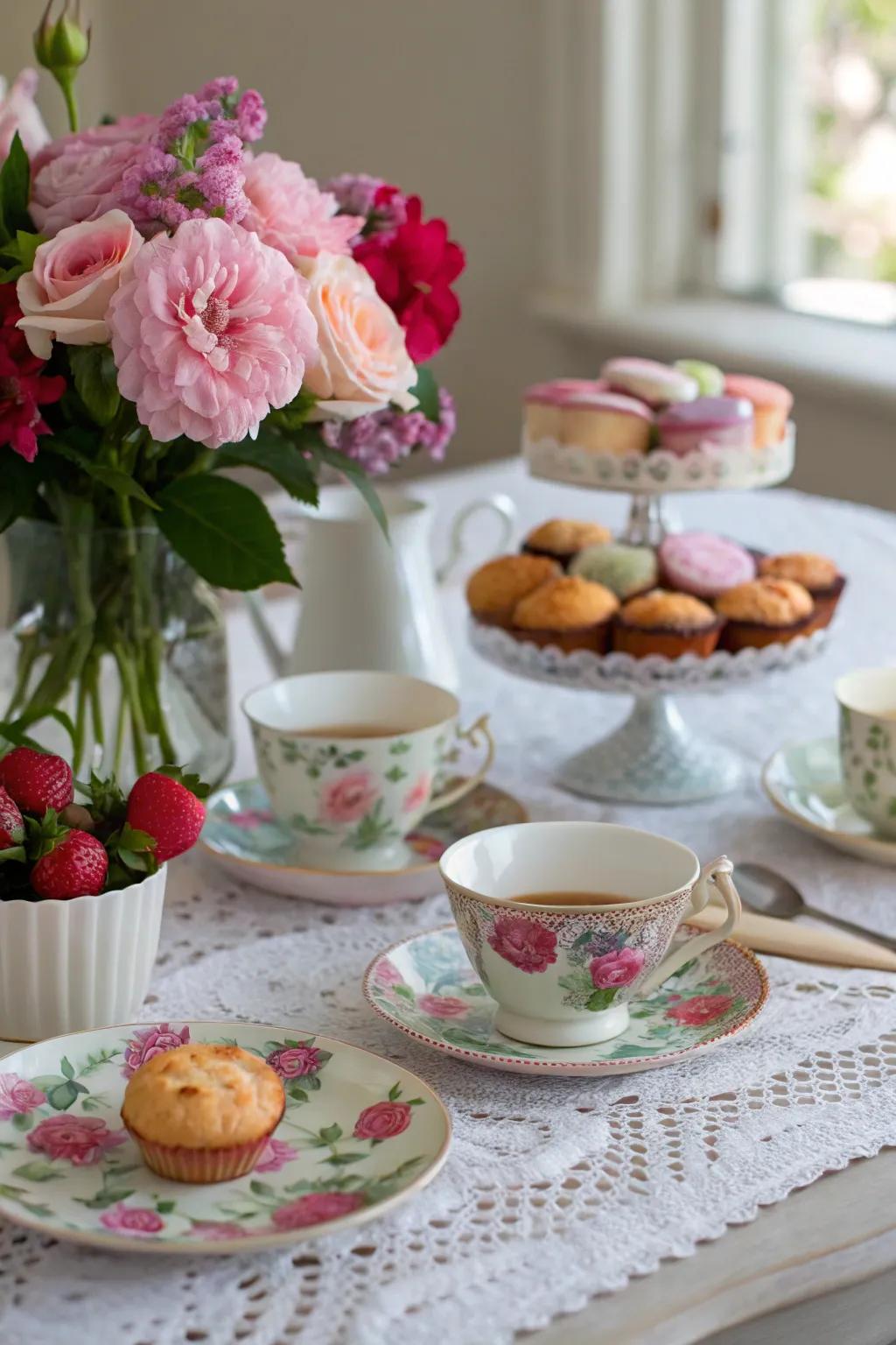 Floral-themed tea party with abundant blooms.